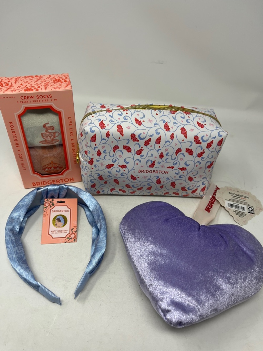 BRIDGERTON Netflix BUNDLE 4 Satin Headband 2 Socks Heart Pillow Zip Pouch NWT - Picture 2 of 16